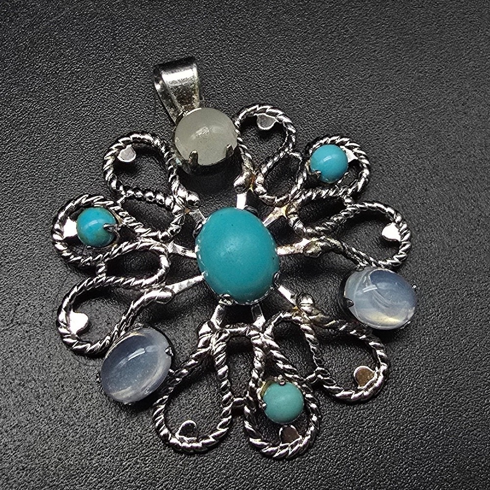Van Dell Sterling Silver Blue Pendant Faux Opal Moon Stone Vintage Jewelry